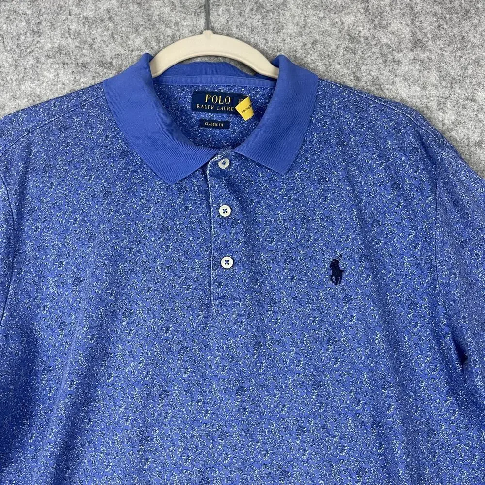 Polo Ralph Lauren Polo Shirt Mens Large Blue Floral Soft Cotton Pony Preppy AOP